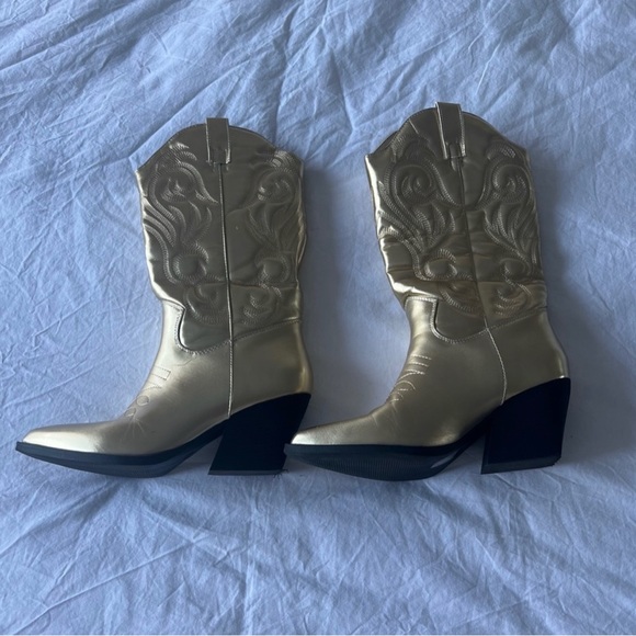 NASTY GAL - METALLIC FAUX LEATHER KNEE HIGH COWBOY BOOTS - Picture 1 of 7